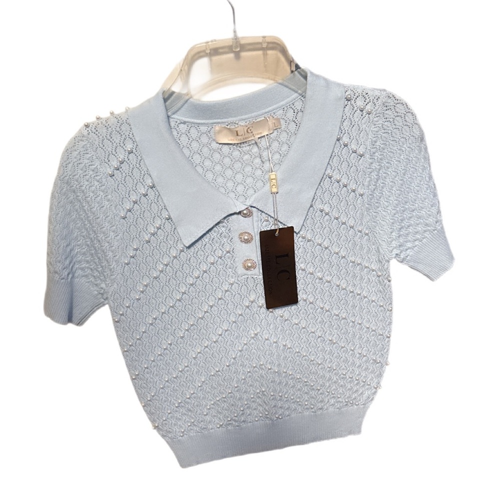 Powder Blue Diamond Pattern Pearl Adorned Sweater Juniors Large NWT